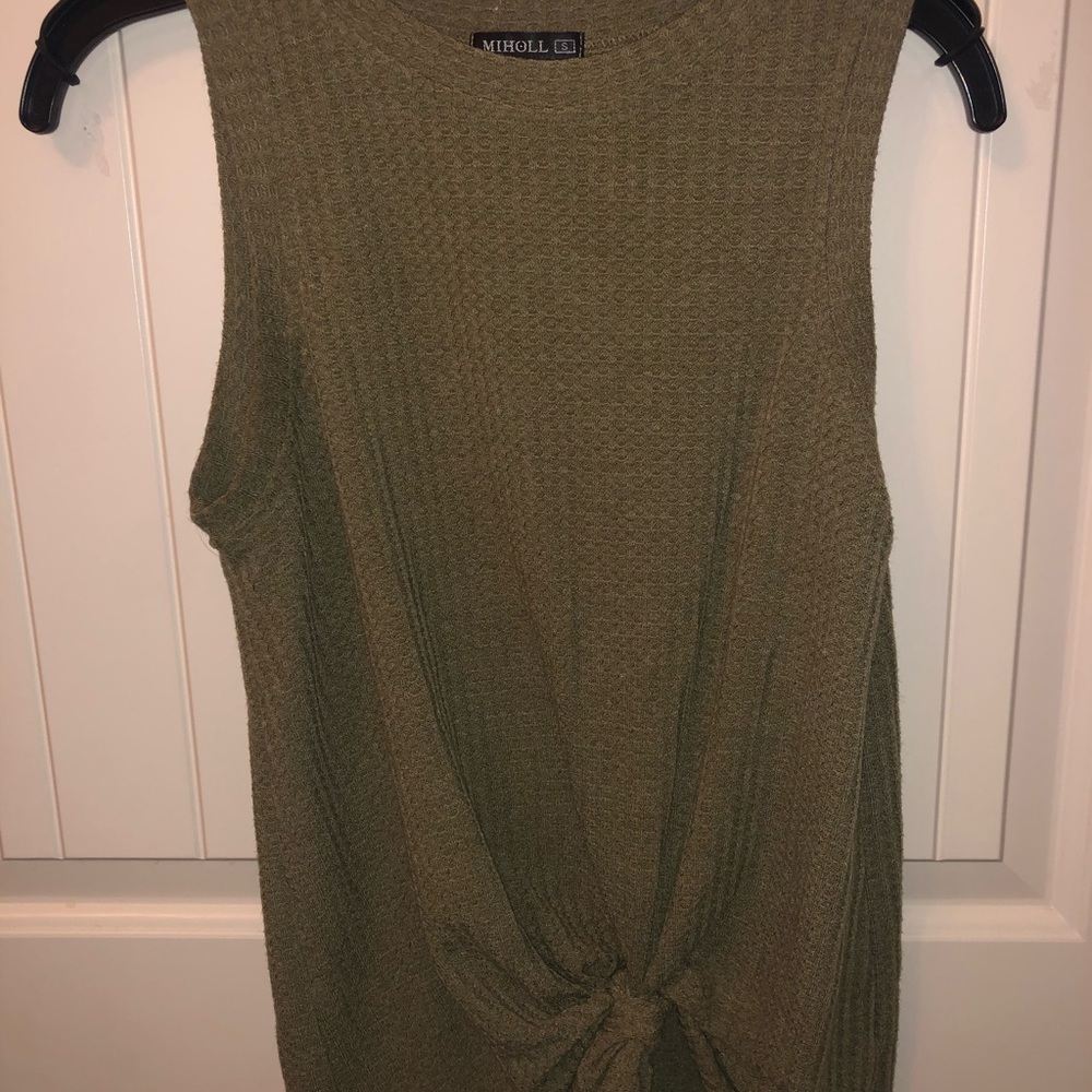 Miholl Olive Green Knot Front Sleeveless Tank